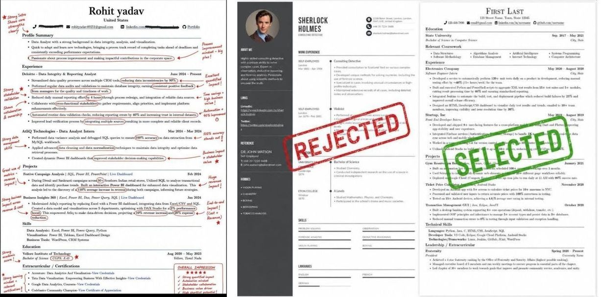Two CVs side by side: an annotated CV with strengths marked in red, and a REJECTED CV next to a clean SELECTED CV