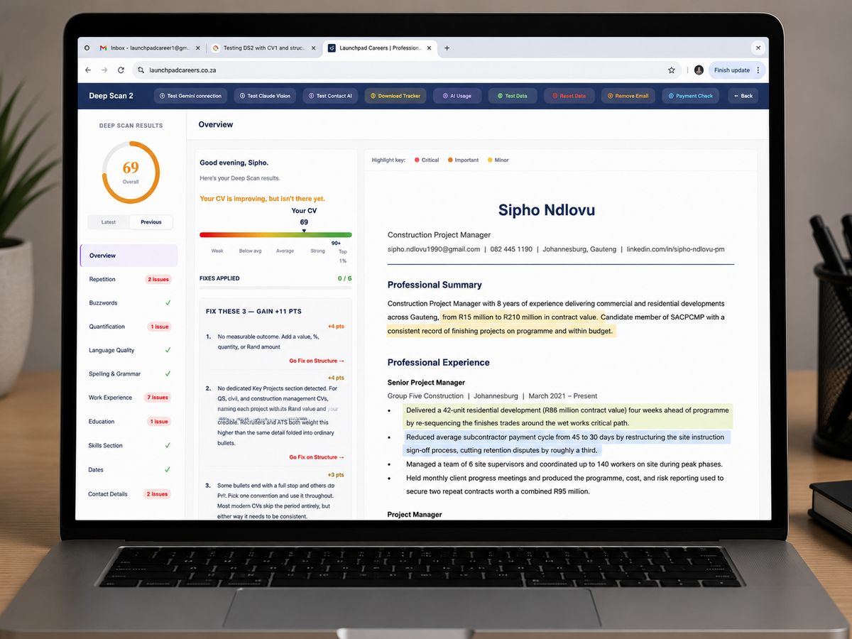 Deep Scan 2 analysing a CV on a laptop — issues highlighted with an overall score